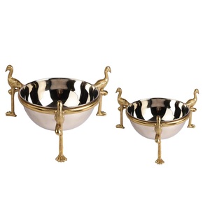 Forme ovale en métal grand bol maison table décorative fleurs et fruits bol brut fini nickelé bol de service sur base - Product Image 5