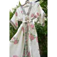 Bata de Baño Casual Rosa de Algodón 100% Suave y Transpirable con Estampado de Loto y Cuello en V para Mujer Bohomin, Manga Larga, Estampado a Mano, Conjunto de Bata