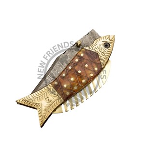 มีดพกเหล็กดามัสกัสทำด้วยมือรุ่นลิมิเต็ดมีดทองเหลืองและที่จับกระดูกพร้อมด้วยใบมีดสายคลื่นทองแดง San Mai ที่สวยงาม - Product Image 6