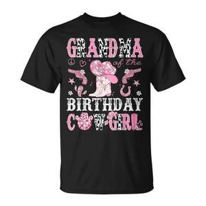 T-shirt rose Western « Grandma Of The Birthday Cow Girl » pour femme adulte, col rond, manches courtes, impression sérigraphique - Product Image 1