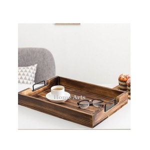 Ensemble de deux plateaux de service de dattes de forme rectangulaire en bois et en fer plateau de service à dessert à bas prix - Product Image 5