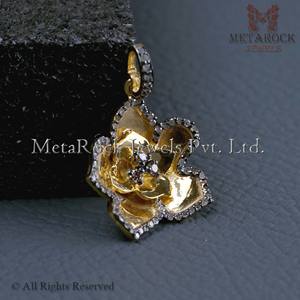 Designer Flower Shaped Handmade Pave Set Diamond 925 Sterling Silver Gold Plated Pendant Metarock Jewelry - Product Image 3