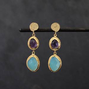 Brillant 925 Argent Doré Naturel Améthyste et Aqua Calcédoine Pierre Précieuse Poli Boucle D'oreille Esthétique Cadeau Bijoux Pour Femmes - Product Image 1