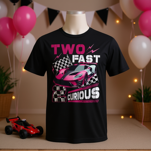 Maglietta Two Fast 2 Curious per ragazze, decorazioni per il 2° compleanno a tema auto da corsa, magliette promozionali - Product Image 3