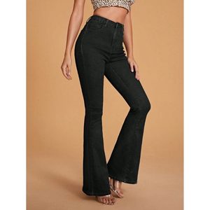 Vaqueros de mujer personalizados, vintage, negros, elásticos en la cintura, ajustados, acampanados, con corte de bota, azul oscuro, rasgados, de mezclilla lavada, para verano y otoño. - Product Image 4