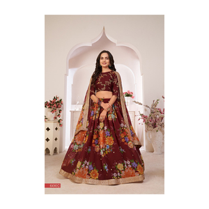 Lehenga Choli-Ropa Étnica bordada para el trabajo, bordado de lentejuelas, Butt y Dori, con estampado Floral completamente cosido - Product Image 1
