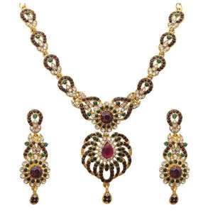Kriaa Gold Plated Purple Green Austrian Stone Necklace <b>Set</b> Fine <b>Bridal</b> <b>Jewelry</b> Earring <b>Set</b> with Zircon Main Stone for Ladies - Product Image 1