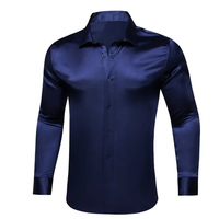 Kemeja Satin kasual pria, baju sutra murni berkancing lengan panjang untuk lelaki