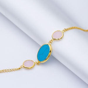 Venta al por mayor oval turquesa redondo rosa cuarzo oro bisel plata Pulsera hecha a mano 925 joyería esterlina - Product Image 4
