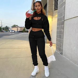 Ensemble deux pièces pour femme, sweat à capuche doublé en polaire, pantalon à cordon, veste, manches longues, décontracté, uni, automne - Product Image 3