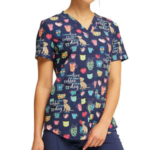 KATBROS INDUSTRY Women 100% Cotton Coffee Dog Print <b>Scrub</b> <b>Tops</b> V-Neck Short Sleeve Medical Uniforms - Product Image 4