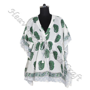 100% algodón Mujer ropa de dormir bloque de mano impreso Kaftan vestido KFCS052 peso ligero mujeres Casual ocasión desgaste corto caftán vestido - Product Image 1