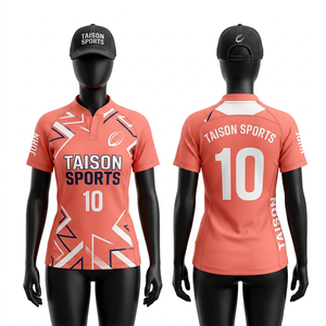Maillot de rugby pour femmes, tissu polyester respirant 160 GSM, orange corail, panneau géométrique contrastant, impression de logo personnalisée par sublimation - Product Image 1