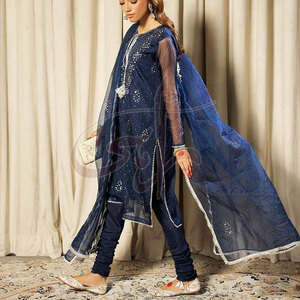 Traje Formal de Organza/Seda Cruda Plateado Brillante para Mujer con Trabajo de Mukesh, Elegancia Lunar para Toda Ocasión - Product Image 2