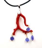 Pendentif bâton en corail rouge italien avec perles d'eau douce et perles de tanzanite, collier vintage pour femme en argent sterling 925