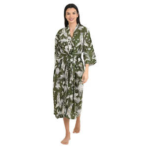 Boho Summer Luxury Lightweight Cotton <b>Kimono</b> Hand-Printed Indian Robe with Monkey Motif for <b>Beach</b> Vacations - Product Image 1