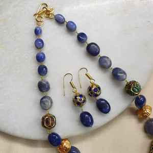 Blue Stone Jadau <b>Beaded</b> Fashion Jewelry <b>Set</b> Elegant Necklace and Earrings Combo - Product Image 5