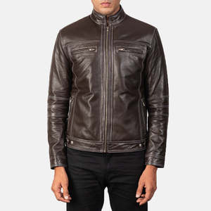 Youngster Brown Genuine Leather Biker <b>Jacket</b> <b>Sheepskin</b> Cowhide Zippered Pattern Decoration Reversible Size XS for Autumn Season - Product Image 4