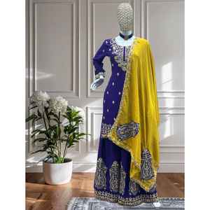 LANCEMENT DU NOUVEAU FESTIVE WEAR KURTI PLAZZO AVEC DUPATTA TISSU EN MOUSSETTE AVEC DES TRAVAUX DE CODAGE DE SÉQUENCE BRODÉS - Product Image 1