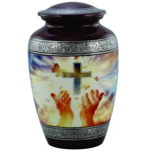 Urnas de aluminio para adultos de cremación con pegatina de diseño cruzado y acabado de color naranja y tira plateada - Product Image 2