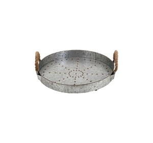 Stylish Farmhouse Round Galvanized Metal Serving <b>Tray</b> With Rope Handle Kitchen Ware Food & <b>Drinks</b> Serving <b>Trays</b> - Product Image 1
