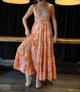 Vestido Largo Estilo Bohemio de Poliéster/Algodón Naranja, Cuello en V, Sin Mangas, con Patrón Paisley Detallado y Bordado, Lavable - Product Image 1