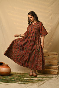 Style bohème Ajrakh imprimé robe mi-longue 100% artisanal bloc imprimé coton traditionnel pour la rouille Handblock robe mi-longue - Product Image 3