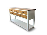 Table console Ovid en teck massif et bois d'acajou, avec une combinaison de couleurs blanches et naturelles pour l'intérieur