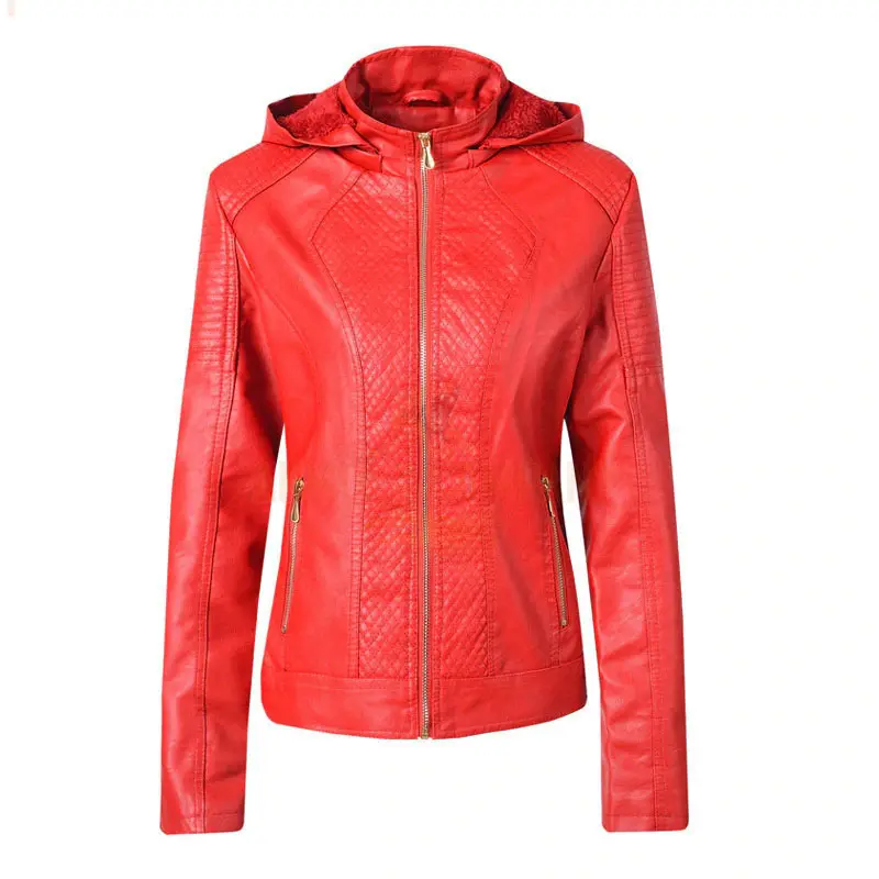 New Red Black Hoodies Leather Jacket Women Autumn Washed Tunic PU Jacket Plus Velvet Zippers Ladies Winter Coats