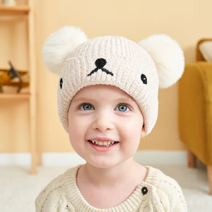 Gorro de punto de Otoño Invierno para bebés, niñas, niños, Bola de piel de oso de alta calidad, Pompón, lindo patrón de dibujos animados, gorro de lana cálido para niños - Product Image 6