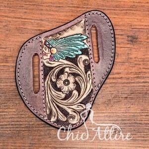 Fourreau de couteau en cuir usiné à la main en vente de gros Fourreau de couteau pliant de poche florale Fourreau de couteau de trappeur à ceinture en cuir de vachette personnalisé - Product Image 1