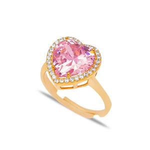 Pierre de Zircon rose en forme de cœur avec pierre de Zircon, anneau réglable, bijoux en argent Sterling 925 - Product Image 1