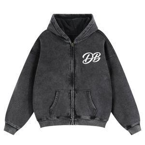 Sweat à capuche zippé unisexe en molleton de coton épais, délavé au charbon, coupe oversize, imprimé personnalisé, style streetwear - Product Image 1