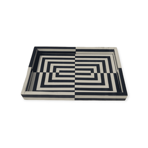 Black & White Large Inlay Resin & MDF Rectangular Tray Hand-carve Indian Artisans Home Anniversary Party Snacks Serving Platter - Product Image 1