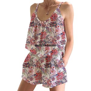 Ensemble de pyjama pour femmes, style bohème et hippie, avec manches bouffantes, short de pyjama, imprimé floral indien, printemps/été, ajusté, sans manches, avec bretelles - Product Image 5