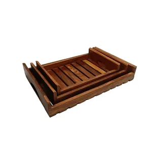 Bandeja de madera pelada hecha a mano de estilo japonés, madera de acacia Natural con asas para mesa de cocina, decoración del hogar - Product Image 5