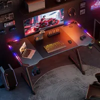 Escritorio para Juegos en Forma de Y OEM con Luces LED RGB, Superficie Ergonómica de Fibra de Carbono, Mesa de Estación de Trabajo para PC con Gancho para Auriculares y Portavasos