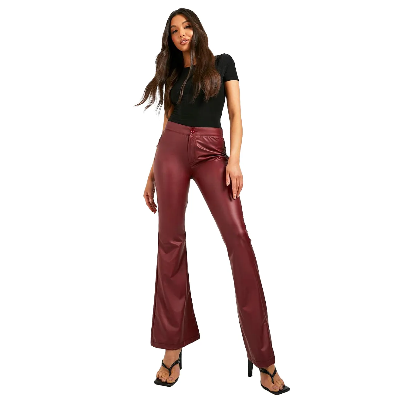 Seamless stitching tight dark red waterproof leather flare trousers for sale ladies newly arrived soft material leather pants