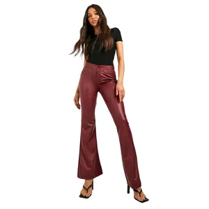 Seamless stitching tight dark red waterproof leather flare trousers for sale ladies newly arrived soft material leather pants