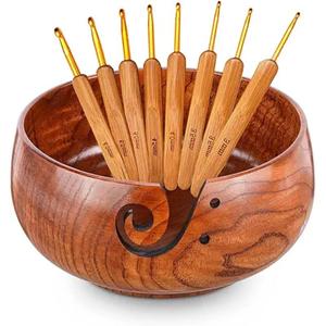 Handmade Wooden Yarn Bowl Rack with 8 Metal <b>Crochet</b> <b>Hooks</b> Woven Bowl for Home Decor Available at Wholesale Price - Product Image 4