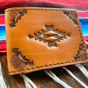 Pure Cowhide Leather Genuine Quality Crazy horse Leather Bi Fold Wallet Native Symbols Western Southwest Tribal Sheridan Style