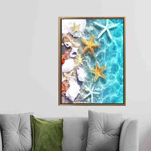 Impresión en lienzo con vista tropical minimalista, decoración de pared estilo bohemio, con marco dorado - Product Image 1