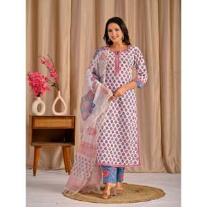 Traje étnico Anarkali de algodón estampado Butta Block blanco y rojo para mujer, ideal para fiestas y ocasiones especiales, hecho con tela de red. - Product Image 5