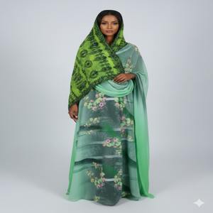 Vestido Clásico, Modesto y Elegante de Jacquard con Textura para Niñas, Estilo Somalí para Dirac, Diseño Floral Rosa Vibrante sobre Base Verde, para Fiestas - Product Image 1