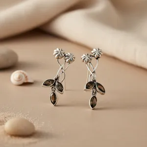 925 <b>Silver</b> Smoky Quartz Crystal Flower Earrings for <b>Women</b> Perfect Gift Idea - Product Image 2