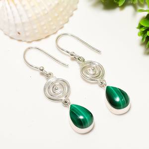 Turquoise Gemstone 925 Sterling <b>Silver</b> Vintage IGI Certified Earrings Drop Dangle Chain Ear-studs Bali Jhumki Bezel HARI OM - Product Image 6