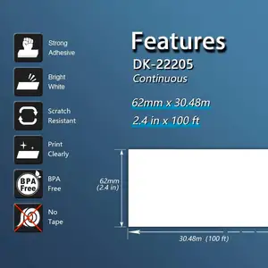 ブラザーDK-2205 (2.4インチx 100フィート) の互換性のある連続ラベルの交換、ブラザーQLラベルプリンターでの使用 [10ロール]
