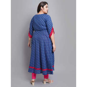 Cambric algodón Anarkali Kurta vestido bordado Ikat estampado Casual vestidos azules - Product Image 4
