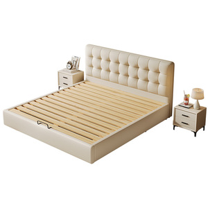Adjustable Foldable Waffle Leather Customized <b>Bed</b> Master Bedroom Storage Cabinet High-End <b>Double</b> Straight Headboard Japanese - Product Image 2