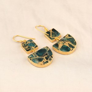 Double stone copper turquoise jewelry mohave apatite copper turquoise dangle earring 18k gold electroplated geometric earrings - Product Image 4